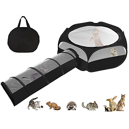 Zhilishu Small Animal Playpen, Portable Guinea Pig Playpen Pet Playpen Kitten Playpen with Double Zippered Cover Indoor Outdoor for Bunny, Rabbit, Hamster Connect Tunnel(Black)