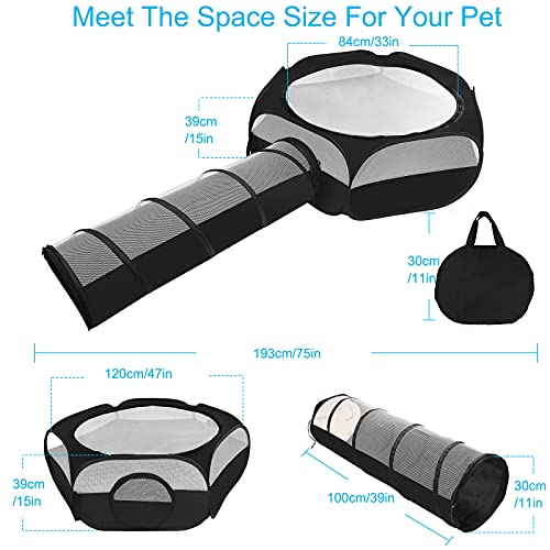 Zhilishu Small Animal Playpen, Portable Guinea Pig Playpen Pet Playpen Kitten Playpen with Double Zippered Cover Indoor Outdoor for Bunny, Rabbit, Hamster Connect Tunnel(Black)