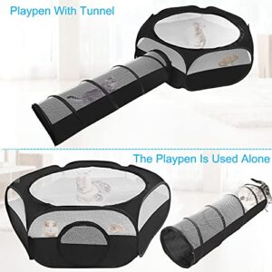 Zhilishu Small Animal Playpen, Portable Guinea Pig Playpen Pet Playpen Kitten Playpen with Double Zippered Cover Indoor Outdoor for Bunny, Rabbit, Hamster Connect Tunnel(Black)