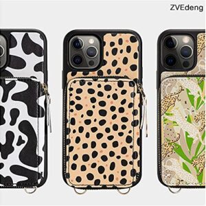 iPhone 12 Crossbody Case, ZVEdeng iPhone 12 Pro Wallet Case Card Holder Crossbody Chain Wrist Strap for Women Zipper Wallet Shockproof Leather Case Cover for iPhone 12/12 Pro 6.1'' Cheetah Print Skin