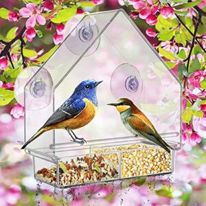 Window Bird Feeder for Outside with 3 Strong Suction Cups,Acrylic Transparent Bird Feeder Sliding Tray and Drain Holes,Easy to Clean and Fill,Clear Acrylic for Bird Viewing by Meiyiu