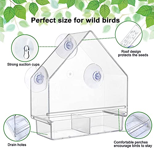 Window Bird Feeder for Outside with 3 Strong Suction Cups,Acrylic Transparent Bird Feeder Sliding Tray and Drain Holes,Easy to Clean and Fill,Clear Acrylic for Bird Viewing by Meiyiu