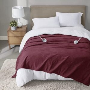 serta travis fleece ultra soft tri-rib textured electric blanket, cozy and snuggly cover fast heating for cold weather, auto shut off, multi heat setting controller, queen, berry red