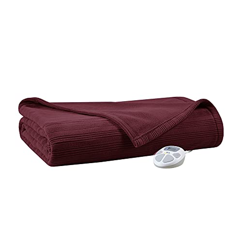 Serta Travis Fleece Ultra Soft Tri-Rib Textured Electric Blanket, Cozy and Snuggly Cover Fast Heating for Cold Weather, Auto Shut Off, Multi Heat Setting Controller, Queen, Berry Red