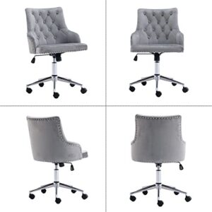 Home Office Chair Swivel Accent Armchair Velvet Upholstered Tufted Chairs Mid Back Ergonomic Study Task Seat Morden Computer Desk Stools w/Nailhead Trim for Living Room Bedroom (Grey)