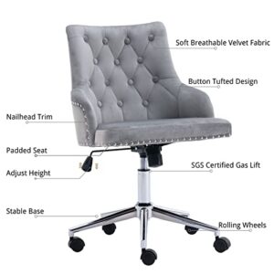 Home Office Chair Swivel Accent Armchair Velvet Upholstered Tufted Chairs Mid Back Ergonomic Study Task Seat Morden Computer Desk Stools w/Nailhead Trim for Living Room Bedroom (Grey)