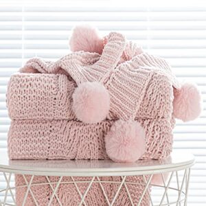 chunky knit blanket with pom poms- thick, soft, big, cozy throw blankets for couch, bed, sofa, chair-50×60 inches,pink