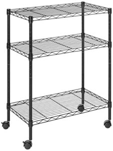 yssoa heavy duty 3-shelf shelving with wheels, adjustable storage units, steel organizer wire rack, plug version, 24.02" w x 13.78" d x 31.98" h, black (hkshlf23133003bpclitev1)