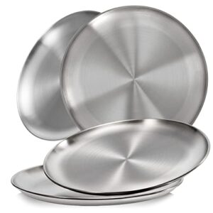 sumerflos 304 (18/8) stainless steel dinner plates, 10" round salad plates, serving plate for home kichten, outdoor camping, snack, pizza and bbq - set of 4