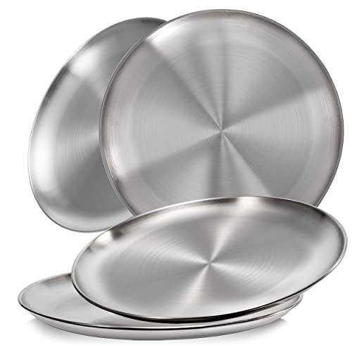 Sumerflos 304 (18/8) Stainless Steel Dinner Plates, 10" Round Salad Plates, Serving Plate for Home Kichten, Outdoor Camping, Snack, Pizza and BBQ - Set of 4