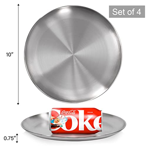 Sumerflos 304 (18/8) Stainless Steel Dinner Plates, 10" Round Salad Plates, Serving Plate for Home Kichten, Outdoor Camping, Snack, Pizza and BBQ - Set of 4