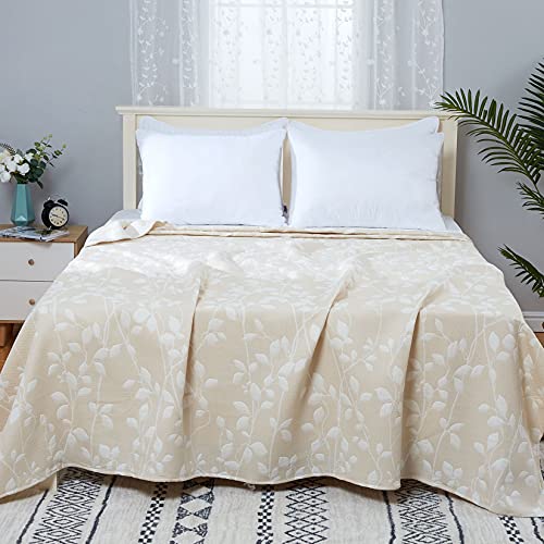 CAROMIO Muslin Blankets for Adults Queen Size, Soft Breathable Yarn Dyed Jacquard Leaf Pattern Cotton Quilted Bed Throw Blanket Home Decoration for All Season, Beige, 90 x 90 Inches