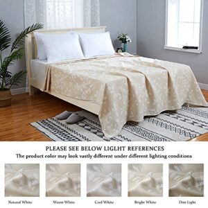 CAROMIO Muslin Blankets for Adults Queen Size, Soft Breathable Yarn Dyed Jacquard Leaf Pattern Cotton Quilted Bed Throw Blanket Home Decoration for All Season, Beige, 90 x 90 Inches