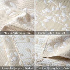 CAROMIO Muslin Blankets for Adults Queen Size, Soft Breathable Yarn Dyed Jacquard Leaf Pattern Cotton Quilted Bed Throw Blanket Home Decoration for All Season, Beige, 90 x 90 Inches