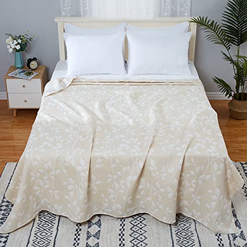 CAROMIO Muslin Blankets for Adults Queen Size, Soft Breathable Yarn Dyed Jacquard Leaf Pattern Cotton Quilted Bed Throw Blanket Home Decoration for All Season, Beige, 90 x 90 Inches