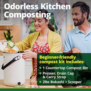 TeraGanix Organko Odor Free Compost Bin, Indoor Compost Starter Kit w/ 1 Lb Bokashi Bran, Countertop Kitchen Compost Bin, Airtight Seal, Spigot, Dishwasher Safe (Cream)