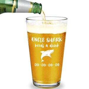 funny uncle beer glass 15oz - uncle shark beer pint glass, beer pint glass for uncle, new uncle, unique gifts for christmas, birthday, fathers day, thanksgiving, white elephant from nephew, niece
