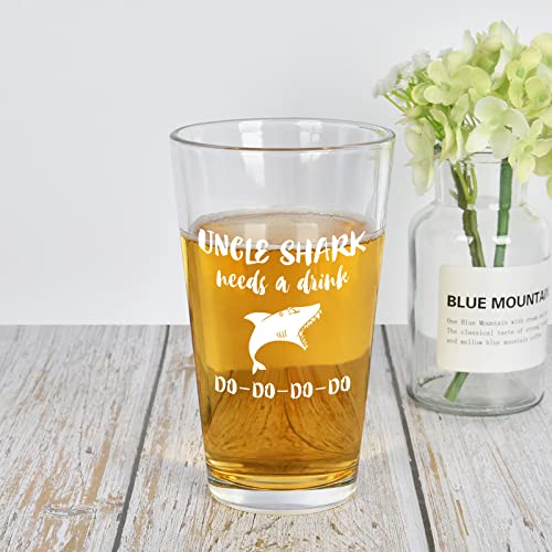 Funny Uncle Beer Glass 15Oz - Uncle Shark Beer Pint Glass, Beer Pint Glass for Uncle, New Uncle, Unique Gifts for Christmas, Birthday, Fathers Day, Thanksgiving, White Elephant from Nephew, Niece