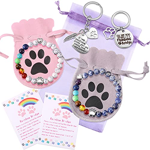 Jadive 9 Pieces Pet Memorial Set Includes 8 mm Rainbow Bridge Bracelet Pet Dog Loss Keychain Rainbow Bridge Poem Card with Flannel Bags and Organza Bag for Women Men Kids Pet Lovers (Classic Style)