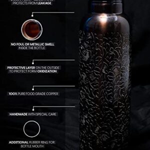 Aanya Pure Copper Water Bottle - 32 Oz Ayurvedic Copper Vessel with Engraved Design & Smooth Finish - Premium Copper Flask with Leak Proof Design & Silicone Ring Cap (Black & Brown Shade)