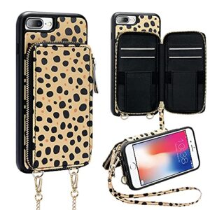 iphone 8 plus crossbody case, iphone 7 plus wallet case, zvedeng zipper wallet card holder crossbody strap case for women leather purse case for iphone 8 plus/7 plus 5.5'' cheetah print skin
