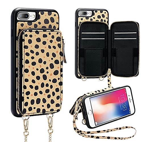 iPhone 8 Plus Crossbody Case, iPhone 7 Plus Wallet Case, ZVEdeng Zipper Wallet Card Holder Crossbody Strap Case for Women Leather Purse Case for iPhone 8 Plus/7 Plus 5.5'' Cheetah Print Skin