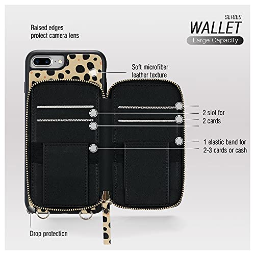 iPhone 8 Plus Crossbody Case, iPhone 7 Plus Wallet Case, ZVEdeng Zipper Wallet Card Holder Crossbody Strap Case for Women Leather Purse Case for iPhone 8 Plus/7 Plus 5.5'' Cheetah Print Skin