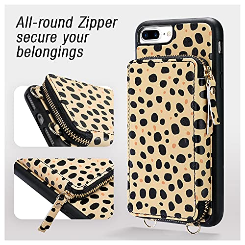 iPhone 8 Plus Crossbody Case, iPhone 7 Plus Wallet Case, ZVEdeng Zipper Wallet Card Holder Crossbody Strap Case for Women Leather Purse Case for iPhone 8 Plus/7 Plus 5.5'' Cheetah Print Skin