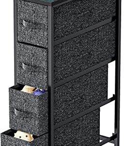 Pipishell Fabric Dresser, Narrow Vertical Dresser Chest Storage Tower with 4 Fabric Drawer, Tall Storage Dresser for Bedroom, Living Room, Small Space Decor, Black