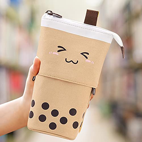 ZITIANY Cute Pencil Case Sliding Unique Telescopic Pencil Bag Milk Tea Shape Retractable Storage Bag Cosmetic Bag 1PC, Brown, Stationery