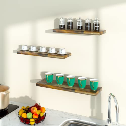 ASTARTH Floating Shelves-Wall Shelves Set of 3, Rustic Wood Storage Shelf-Invisible Brackets, 17'' Wall Mounted Shelves-Ideal for Bedroom, Living Room, Bathroom, Kitchen, Office Decor, Easy Assembly