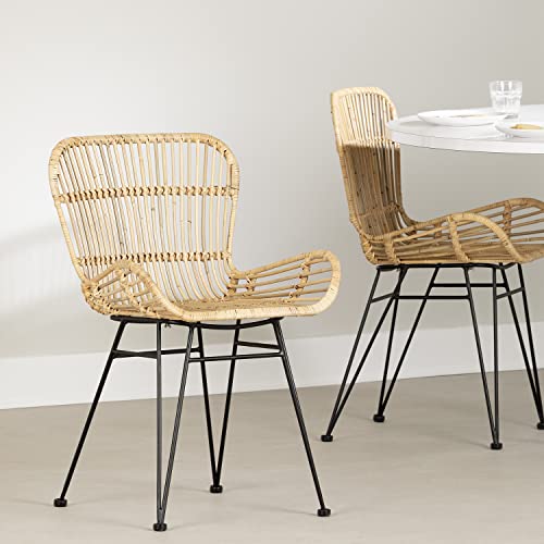 South Shore Balka Dining Chair with Armrests, Set of 2, with Arms, Rattan and Black