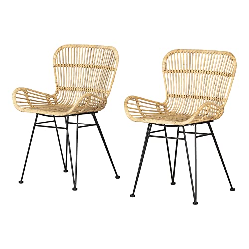 South Shore Balka Dining Chair with Armrests, Set of 2, with Arms, Rattan and Black