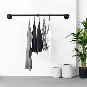 Fobule 48” Wall Mounted Clothes Rack, Industrial Pipe Black Iron Garment Bar, Heavy-Duty Detachable Clothing Rod, Multi-Purpose Metal Wall display Hanging Pole for Closet Storage, Laundry Room 2 Base