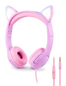 pingko kids headphones: toddler headphones with microphone - cat ear headphones for girls boys, led light 3.5mm jack, 85db volume, music sharing stereo earphones for ipad | school | travel (purple)