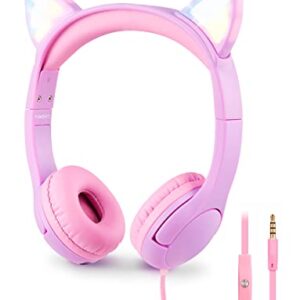 PINGKO Kids Headphones: Toddler Headphones with Microphone - Cat Ear Headphones for Girls Boys, LED Light 3.5mm Jack, 85db Volume, Music Sharing Stereo Earphones for iPad | School | Travel (Purple)