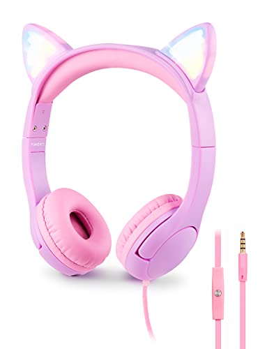 PINGKO Kids Headphones: Toddler Headphones with Microphone - Cat Ear Headphones for Girls Boys, LED Light 3.5mm Jack, 85db Volume, Music Sharing Stereo Earphones for iPad | School | Travel (Purple)