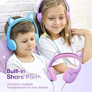 PINGKO Kids Headphones: Toddler Headphones with Microphone - Cat Ear Headphones for Girls Boys, LED Light 3.5mm Jack, 85db Volume, Music Sharing Stereo Earphones for iPad | School | Travel (Purple)