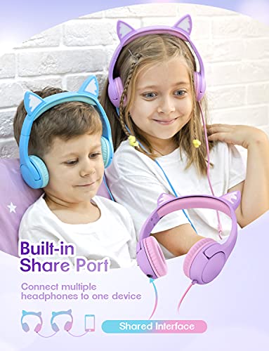 PINGKO Kids Headphones: Toddler Headphones with Microphone - Cat Ear Headphones for Girls Boys, LED Light 3.5mm Jack, 85db Volume, Music Sharing Stereo Earphones for iPad | School | Travel (Purple)