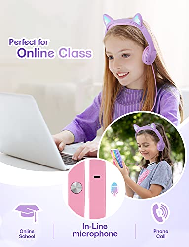 PINGKO Kids Headphones: Toddler Headphones with Microphone - Cat Ear Headphones for Girls Boys, LED Light 3.5mm Jack, 85db Volume, Music Sharing Stereo Earphones for iPad | School | Travel (Purple)