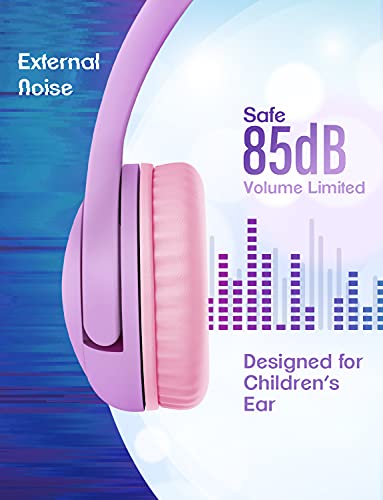 PINGKO Kids Headphones: Toddler Headphones with Microphone - Cat Ear Headphones for Girls Boys, LED Light 3.5mm Jack, 85db Volume, Music Sharing Stereo Earphones for iPad | School | Travel (Purple)