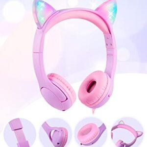 PINGKO Kids Headphones: Toddler Headphones with Microphone - Cat Ear Headphones for Girls Boys, LED Light 3.5mm Jack, 85db Volume, Music Sharing Stereo Earphones for iPad | School | Travel (Purple)