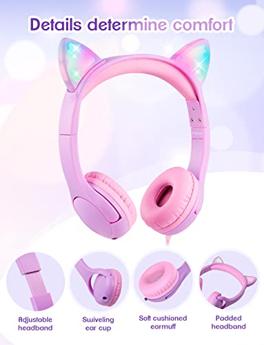 PINGKO Kids Headphones: Toddler Headphones with Microphone - Cat Ear Headphones for Girls Boys, LED Light 3.5mm Jack, 85db Volume, Music Sharing Stereo Earphones for iPad | School | Travel (Purple)