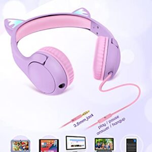 PINGKO Kids Headphones: Toddler Headphones with Microphone - Cat Ear Headphones for Girls Boys, LED Light 3.5mm Jack, 85db Volume, Music Sharing Stereo Earphones for iPad | School | Travel (Purple)