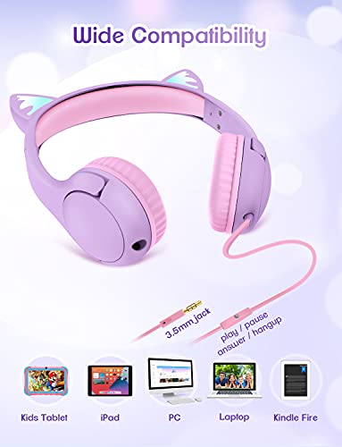 PINGKO Kids Headphones: Toddler Headphones with Microphone - Cat Ear Headphones for Girls Boys, LED Light 3.5mm Jack, 85db Volume, Music Sharing Stereo Earphones for iPad | School | Travel (Purple)