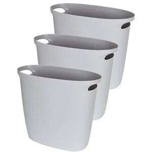 3 pack slim plastic small trash can wastebasket, 20 liter / 5.3 gallon, small garbage can, garbage container bin with handles for bathroom, kitchen, home office, dorm, kids room, gray