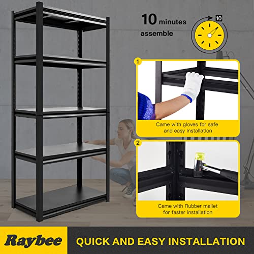 Raybee Storage Shelves 5 Tier Metal Garage Shelving Adjustable Garage Storage Shelves Heavy Duty Shelving Industrial Storage Rack for Garage Pantry Kitchen, 31.5" W x 16.5" D x 72" H Black