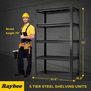 Raybee Storage Shelves 5 Tier Metal Garage Shelving Adjustable Garage Storage Shelves Heavy Duty Shelving Industrial Storage Rack for Garage Pantry Kitchen, 31.5" W x 16.5" D x 72" H Black