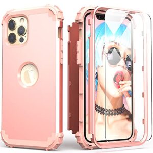 idweel iphone 12 pro max case with tempered glass screen protector, hybrid 3 in 1 shockproof slim heavy duty protection hard pc cover soft silicone rugged bumper full body case for women, rose gold