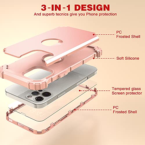 IDweel iPhone 12 Pro Max Case with Tempered Glass Screen Protector, Hybrid 3 in 1 Shockproof Slim Heavy Duty Protection Hard PC Cover Soft Silicone Rugged Bumper Full Body Case for Women, Rose Gold